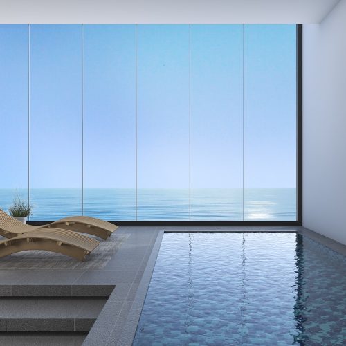3d rendering wood bed bench near pool and sea view from window with modern design